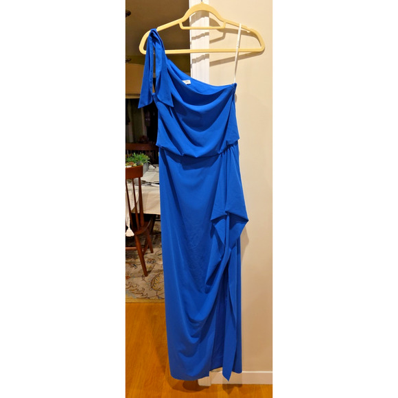 Halston Heritage Blue Crepe One Shoulder Evening Gown 4 Cocktail Formal Gala - Picture 4 of 10